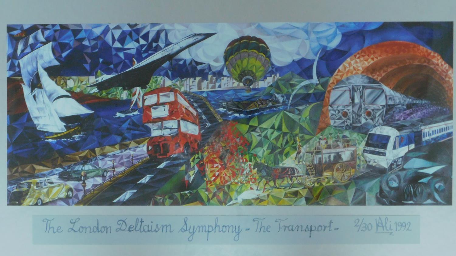 A framed and glazed signed print titled 'London Deltaism Symphony- The Transport', signed Ali, 1992. - Image 2 of 3