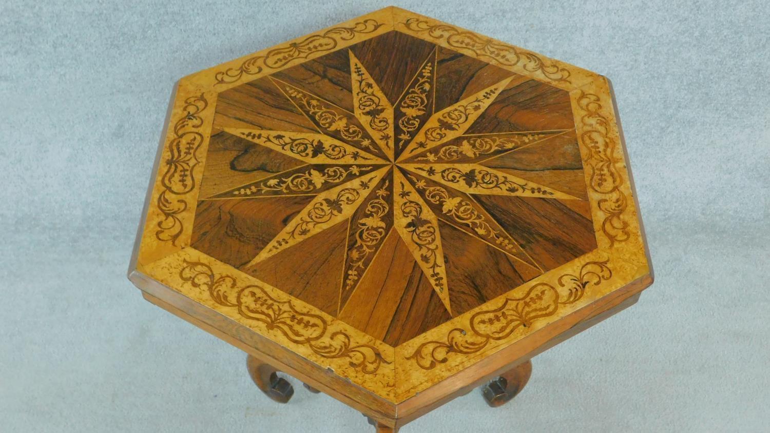 A mid Victorian bird's eye maple and rosewood centre table with profuse Arabesque inlay with tilt - Image 2 of 8