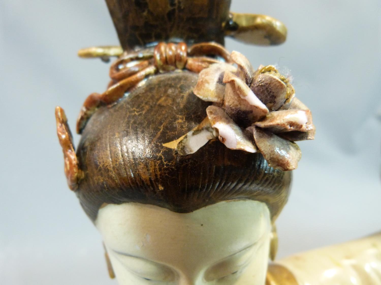 A ceramic figure of a Geisha girl, with fan and flowers in her hair. Gilded decoration. H.45cm. - Image 4 of 7