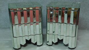 A pair of glass panelled, Art Deco style geometric pattern bedside chests. H.61 W.45 D.43cm