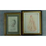 Two framed and glazed pastels each depicting a woman, titled to the back, unsigned. 26x22cm