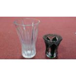 Two cut glass vases. One emerald cut to clear glass vase by Val St Lambert, tulip form, signed to