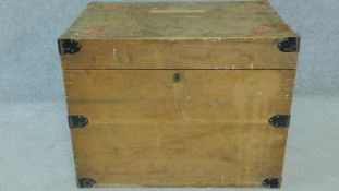A 19th century metal bound pine twin handled travelling trunk. H.61 W.80 D.55cm (locked shut)