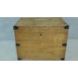 A 19th century metal bound pine twin handled travelling trunk. H.61 W.80 D.55cm (locked shut)