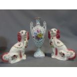 A pair of ceramic Staffordshire style dogs and a hand painted porcelain twin handled vase with