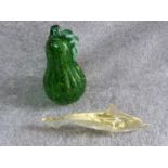A blown glass green gourd and yellow art glass fish. The Czech art glass fish is attributed to