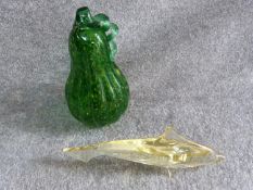 A blown glass green gourd and yellow art glass fish. The Czech art glass fish is attributed to