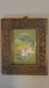 A framed Indian watercolour of a man killing a tiger in a carved wooden frame. 14x12cm