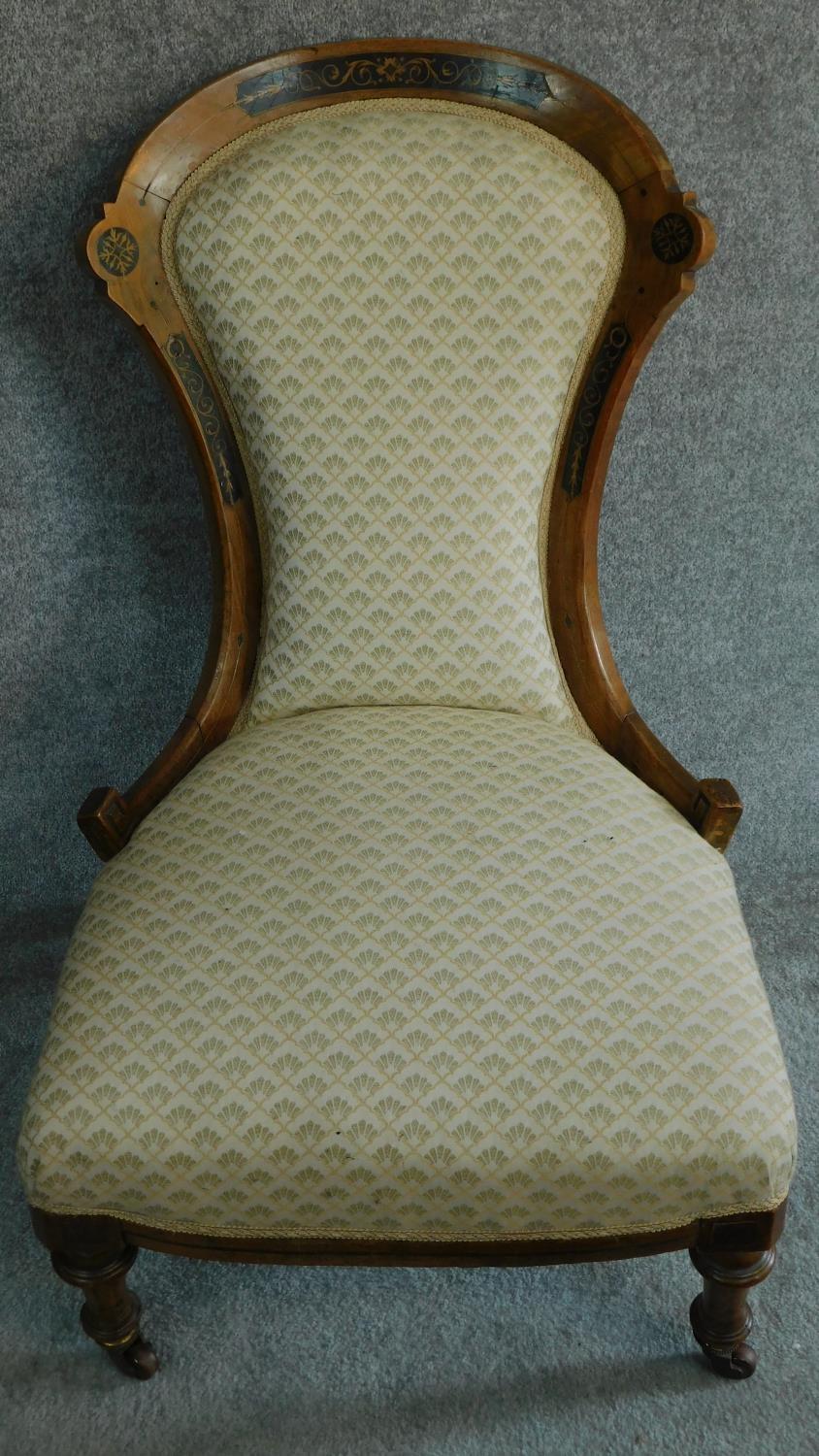 A Victorian walnut and ebony framed inlaid nursing chair H.87cm - Image 2 of 8