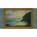 A gilt framed oil on canvas depicting waves on a shore, signed by A.L Kurtis M.A. 73x104cm