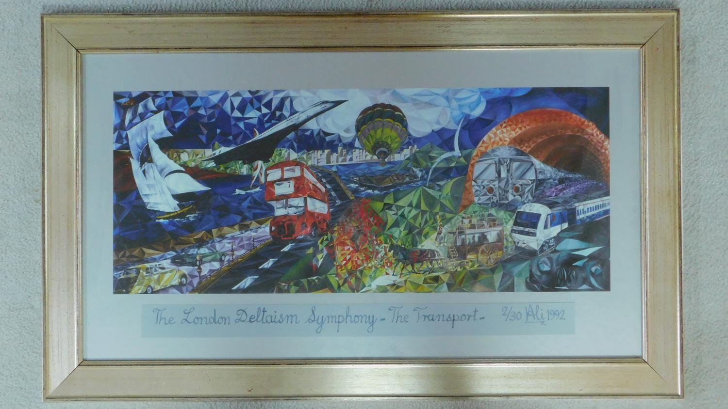 A framed and glazed signed print titled 'London Deltaism Symphony- The Transport', signed Ali, 1992.
