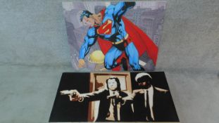 Two unframed oil paintings on canvas, Superman and a Tarantino scene, unsigned. 81x100cm (largest)