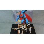 Two unframed oil paintings on canvas, Superman and a Tarantino scene, unsigned. 81x100cm (largest)