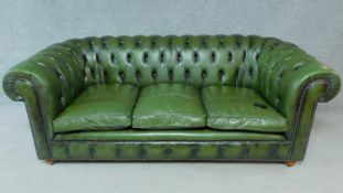 A three seater Chesterfield sofa in green leather buttoned upholstery. H.76 W.207 D.96cm