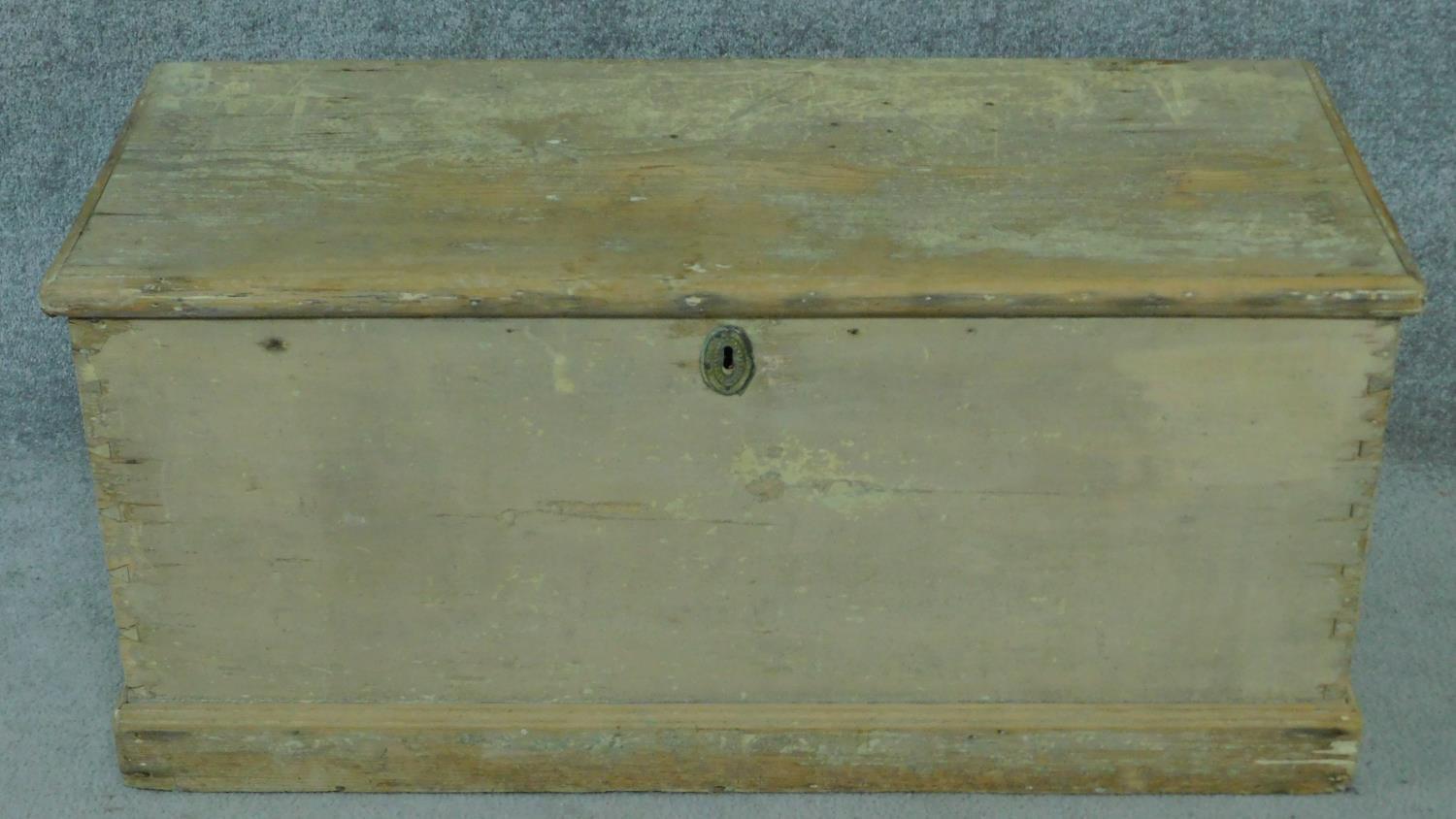 A 19th century painted pine coffer with hinged lid and twin carrying handles. H.44 W.95 D.41cm