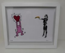 OxO signed framed coloured lithograph. OxO Banksy & Andy Warhol banana bang. 87/100. Certificate