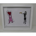 OxO signed framed coloured lithograph. OxO Banksy & Andy Warhol banana bang. 87/100. Certificate