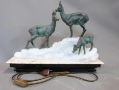 Art Deco bronze chamois lamp by Fritz Diller. Three bonze chamois on an opalescent glass glacier