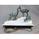 Art Deco bronze chamois lamp by Fritz Diller. Three bonze chamois on an opalescent glass glacier