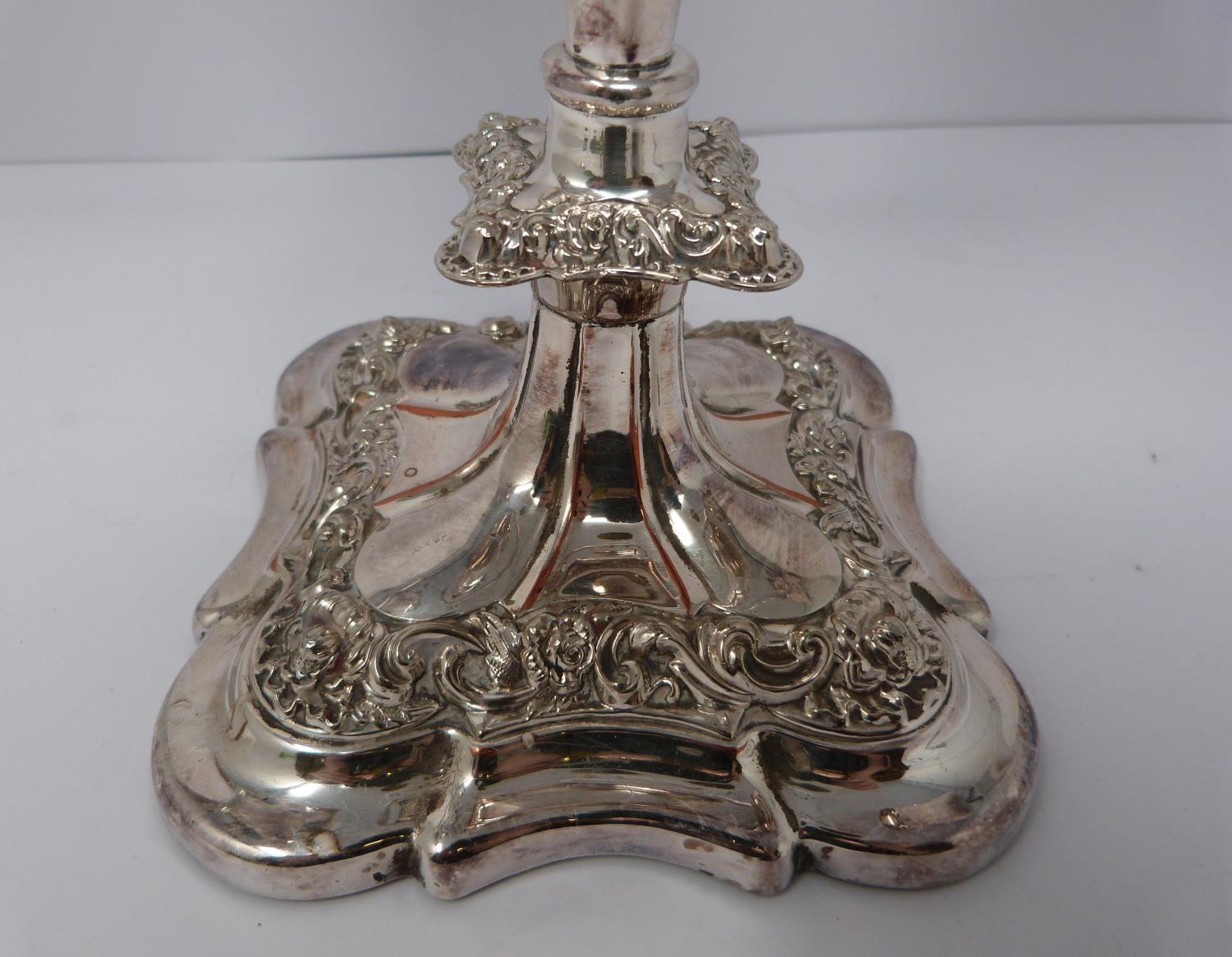 A pair of silver plated candelabra. Repoussé work, elegant swirled design, flame removable finial - Image 5 of 9