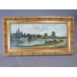 An oil on board of landscape and river in gilded carved frame. Indistinct signature. 55x30