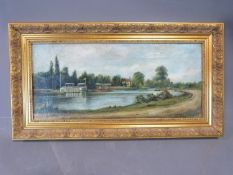 An oil on board of landscape and river in gilded carved frame. Indistinct signature. 55x30