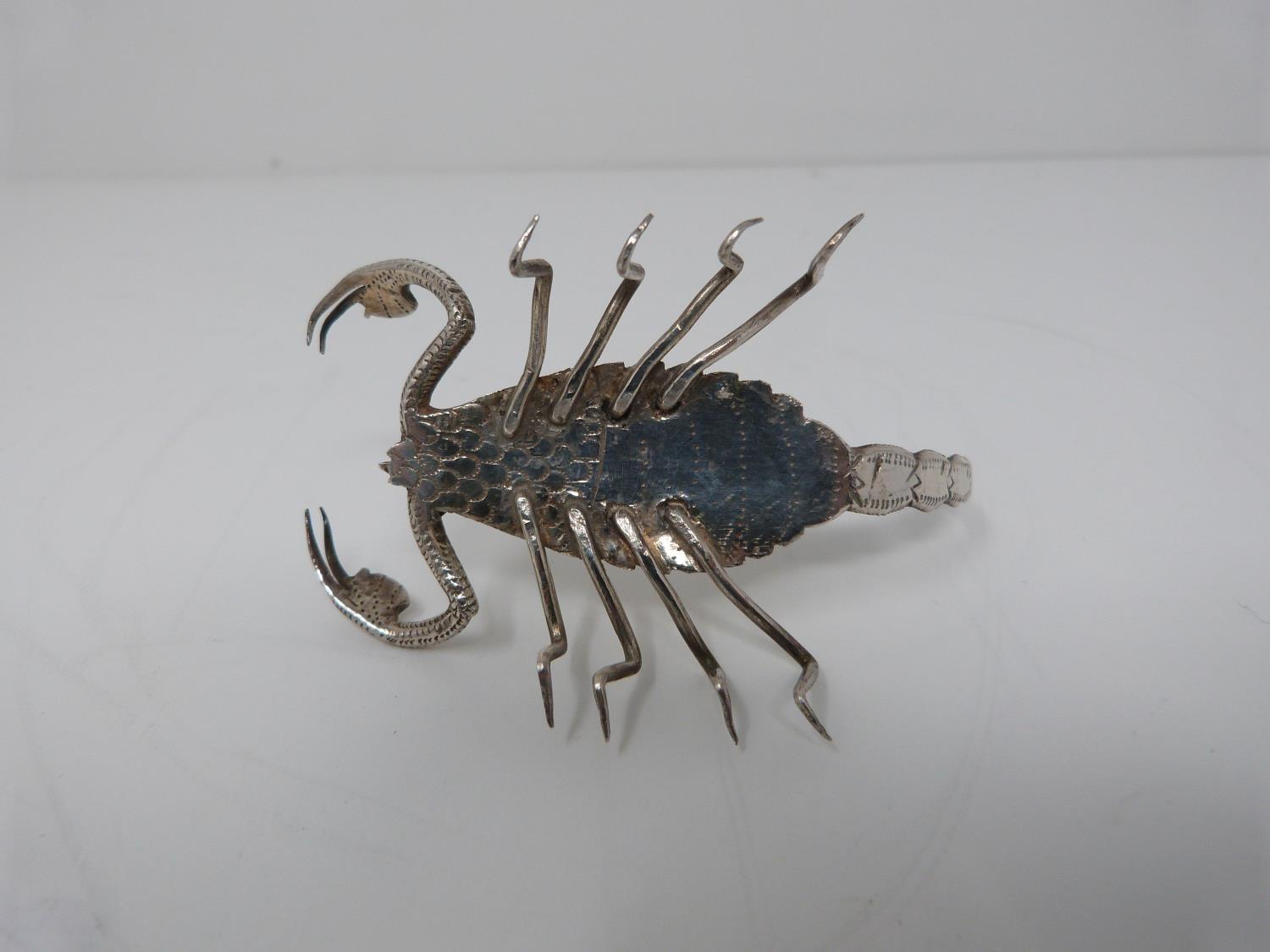 A collection of six Indian white metal animals, including a scorpion, butterfly, lizard, iguana, ant - Image 6 of 17