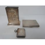 A silver match holder, cigarette case and vesta case. Match box holder with repousse work
