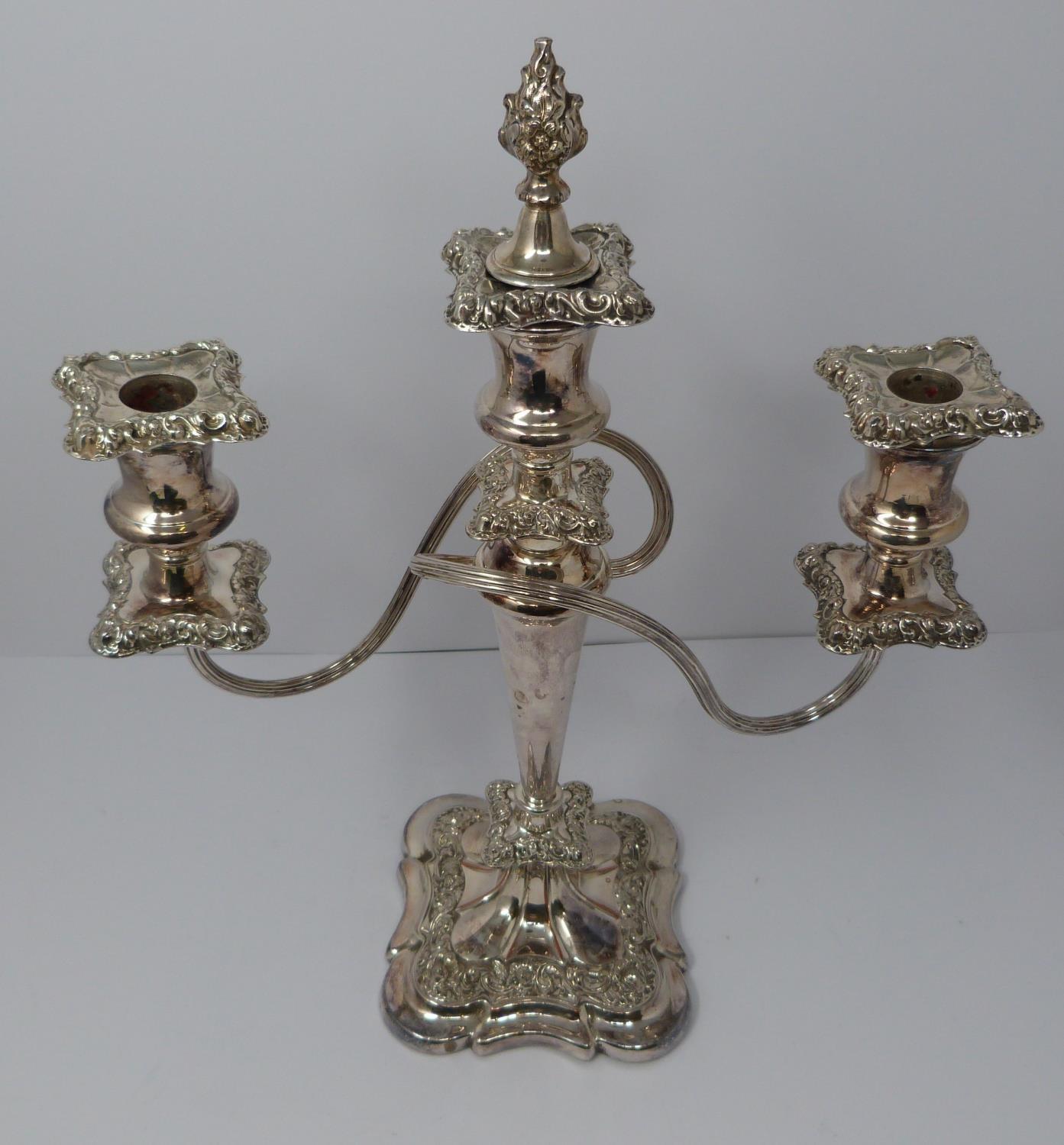 A pair of silver plated candelabra. Repoussé work, elegant swirled design, flame removable finial - Image 3 of 9