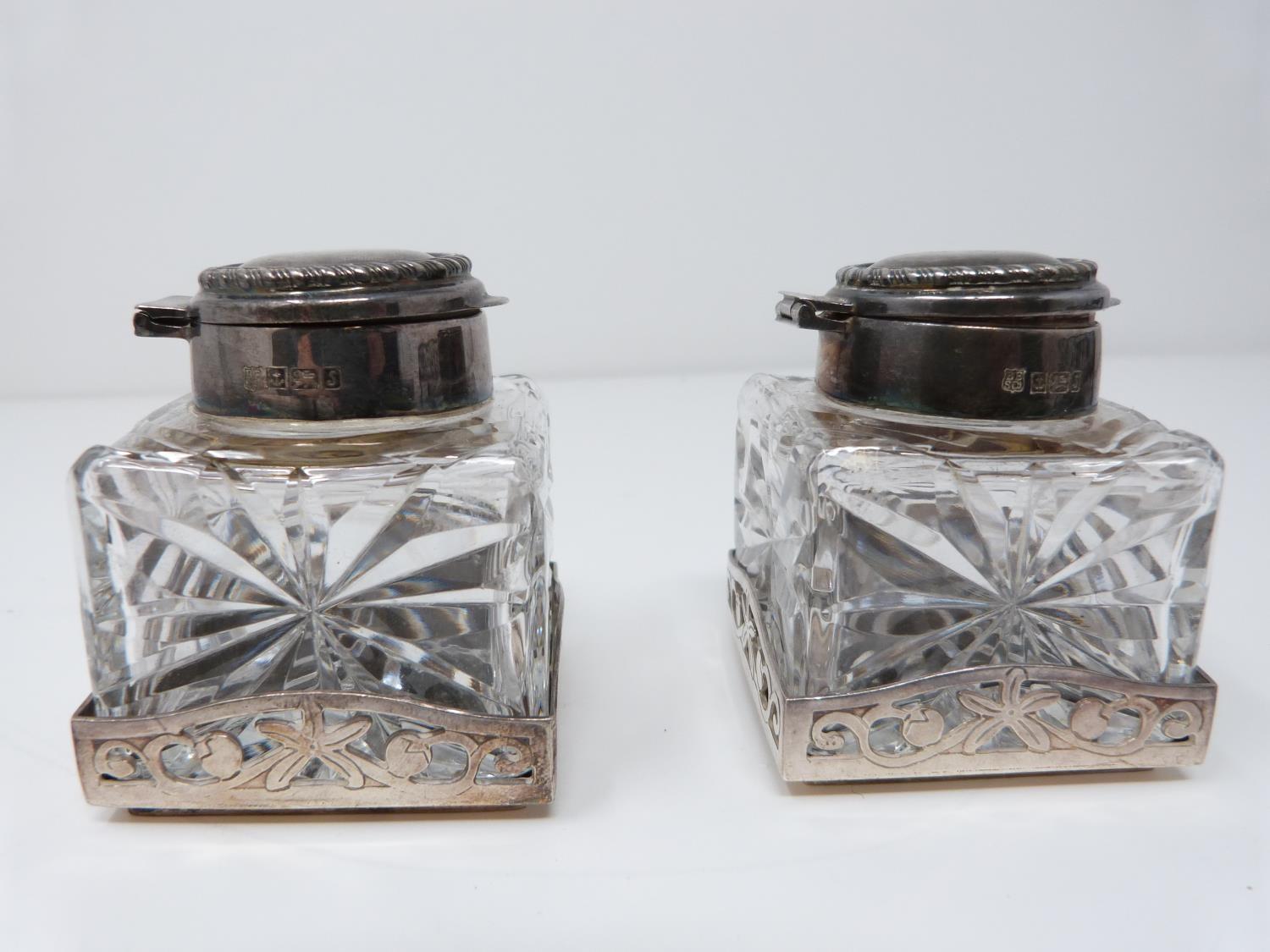 A silver and glass piercework desk inkwell, two bottles with silver tops and rope edging. Ink - Image 8 of 10