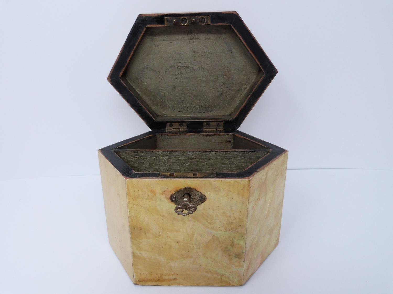 A George III abalone hexagonal tea caddy, silvered lining and inner partition, lockable with key and - Image 7 of 12