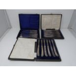3 cases of silver handled knives, two sets, small knives, epns blades, silver, hollow handles (