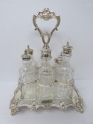 Victorian heavy Sheffield plate and silver plate cut glass cruet set, highly decorated borders,