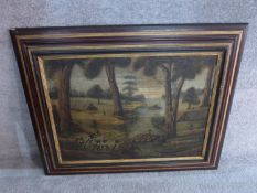 A framed oil on canvas, African tribal figures, unsigned, Christie's label verso. 103x83