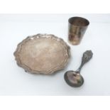 A collection of silver and silver plated items including a French silver plated cup with raised