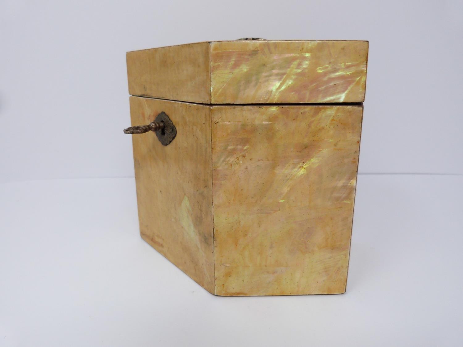 A George III abalone hexagonal tea caddy, silvered lining and inner partition, lockable with key and - Image 2 of 12