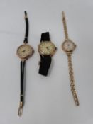 Three ladies 9ct gold watches. Omer ladies watch, hallmarked 9ct gold case and bracelet, London,