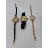 Three ladies 9ct gold watches. Omer ladies watch, hallmarked 9ct gold case and bracelet, London,