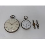 A pair of silver pocket watches, one French with white enamel dial and black roman numerals,