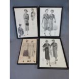 A set of four framed vintage 1940's Grafton fashions design prints, showing various fashion designs.