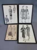 A set of four framed vintage 1940's Grafton fashions design prints, showing various fashion designs.