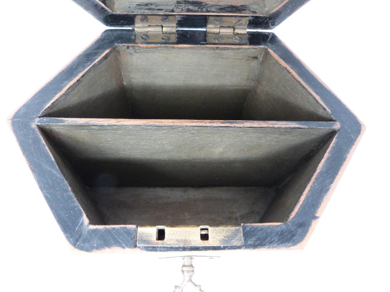 A George III abalone hexagonal tea caddy, silvered lining and inner partition, lockable with key and - Image 8 of 12