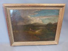 A 19th century gilt framed oil on canvas, Italianate landscape with classical figures to the