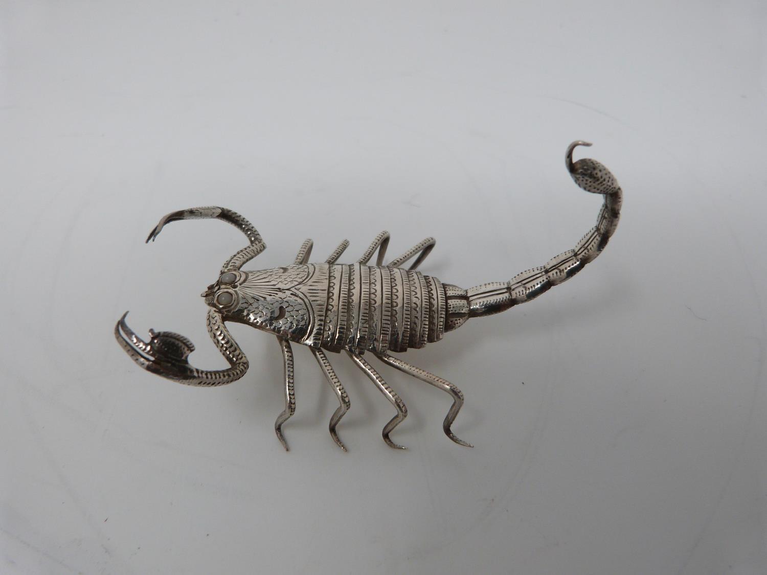 A collection of six Indian white metal animals, including a scorpion, butterfly, lizard, iguana, ant - Image 4 of 17