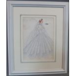 Original watercolour and pencil Italian fashion sketch of a couture wedding dress, label on back