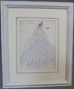 Original watercolour and pencil Italian fashion sketch of a couture wedding dress, label on back