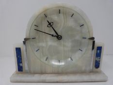 Abec Art Deco lapis lazuli and alabaster clock. Chrome back and lapis numerals. H20cm.