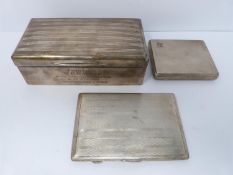 Two silver cigarette cases and a silver cigarette box, rectangular engine turned decoration case,