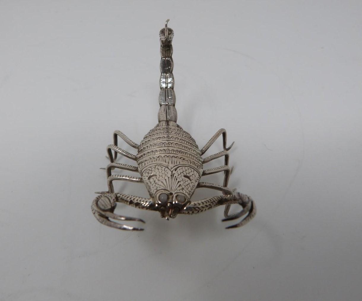 A collection of six Indian white metal animals, including a scorpion, butterfly, lizard, iguana, ant - Image 7 of 17