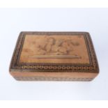 A Tonbridge ware stamp box with Griffin to centre. Internal partitions.